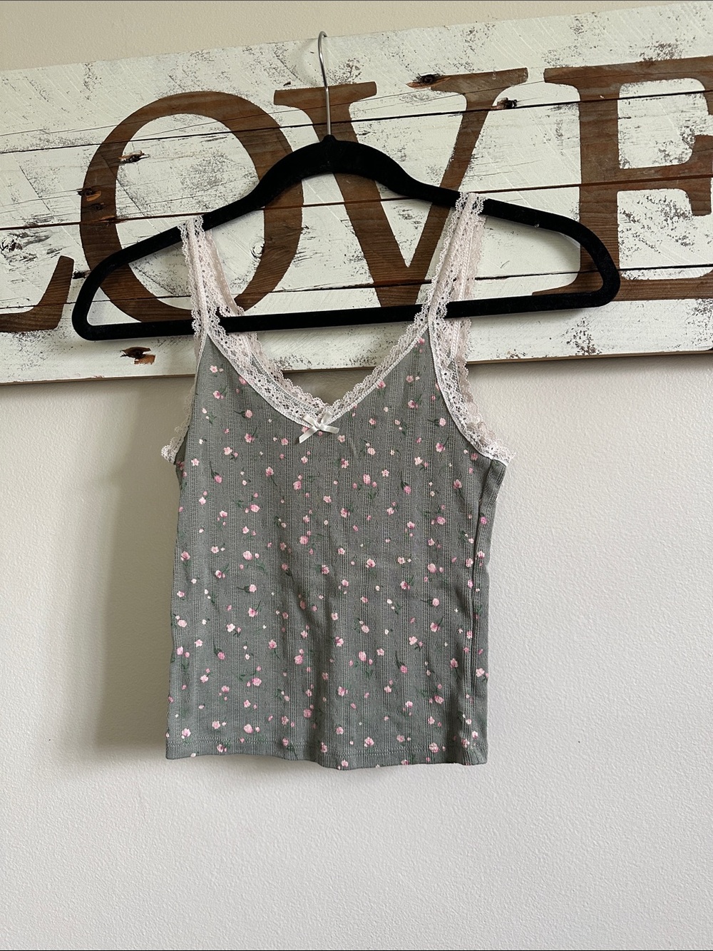 H&M Green Floral Ribbed Lace-Trim Camisole